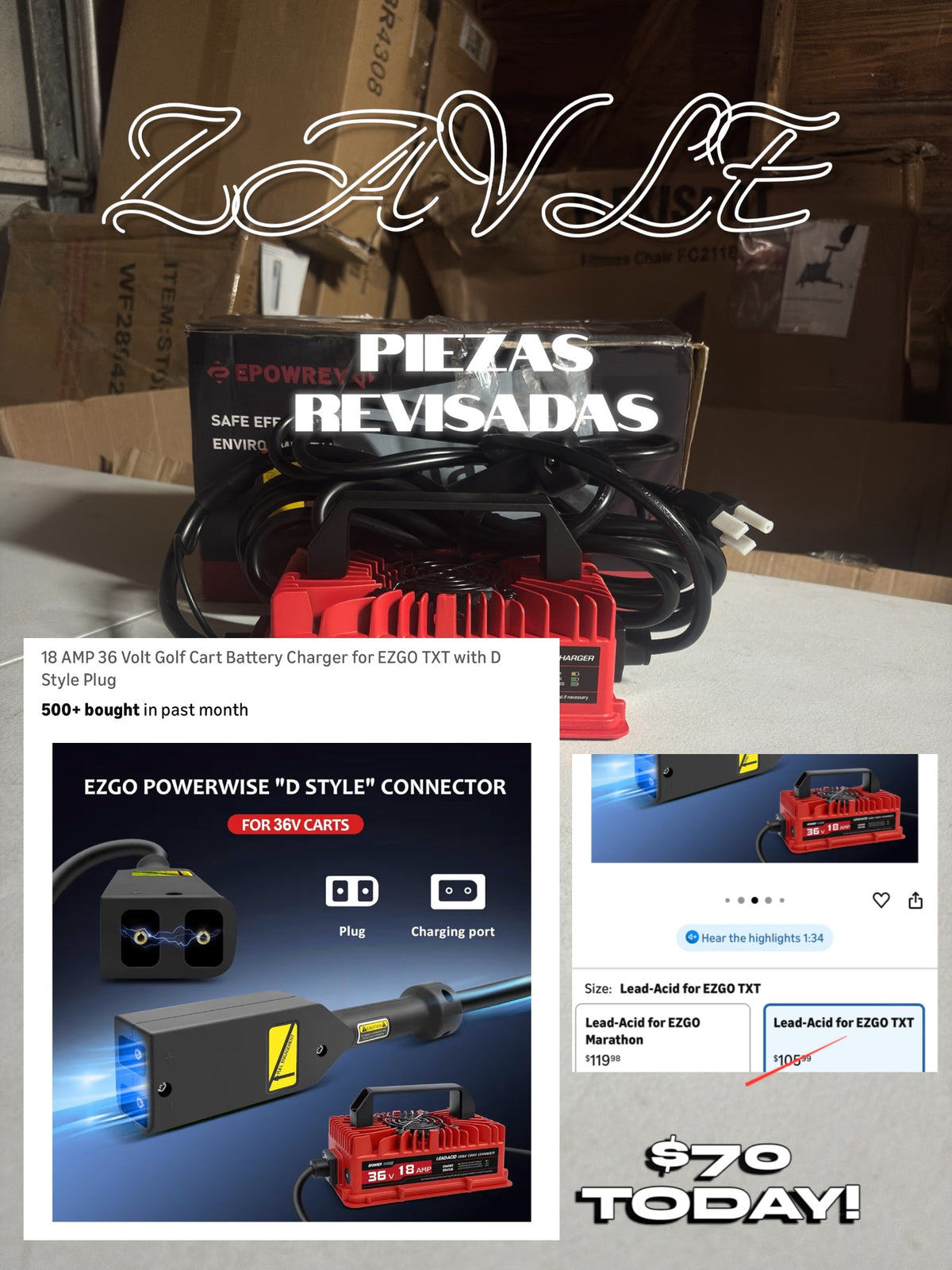 18 AMP 36 Volt Golf Cart Battery Charger for EZGO TXT with D Style Plug - ZAVLE $70