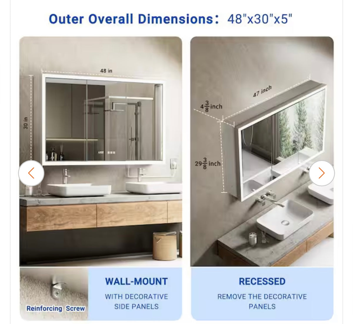 Fogless lighted medicine cabinet 48 x 30 x 5 dimensions
