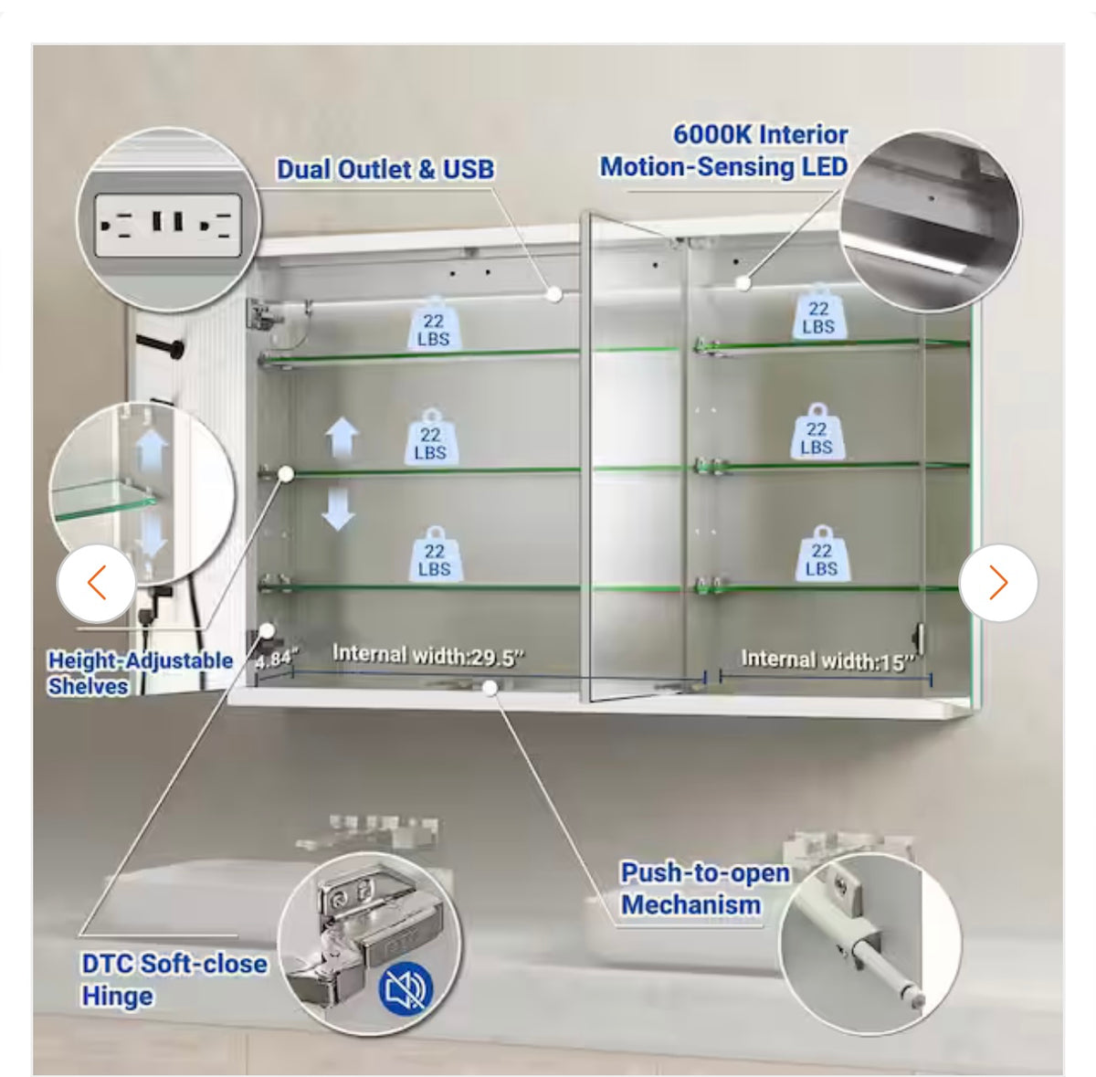 Medicine cabinet shelves outlets USB soft close and motion sensing LED