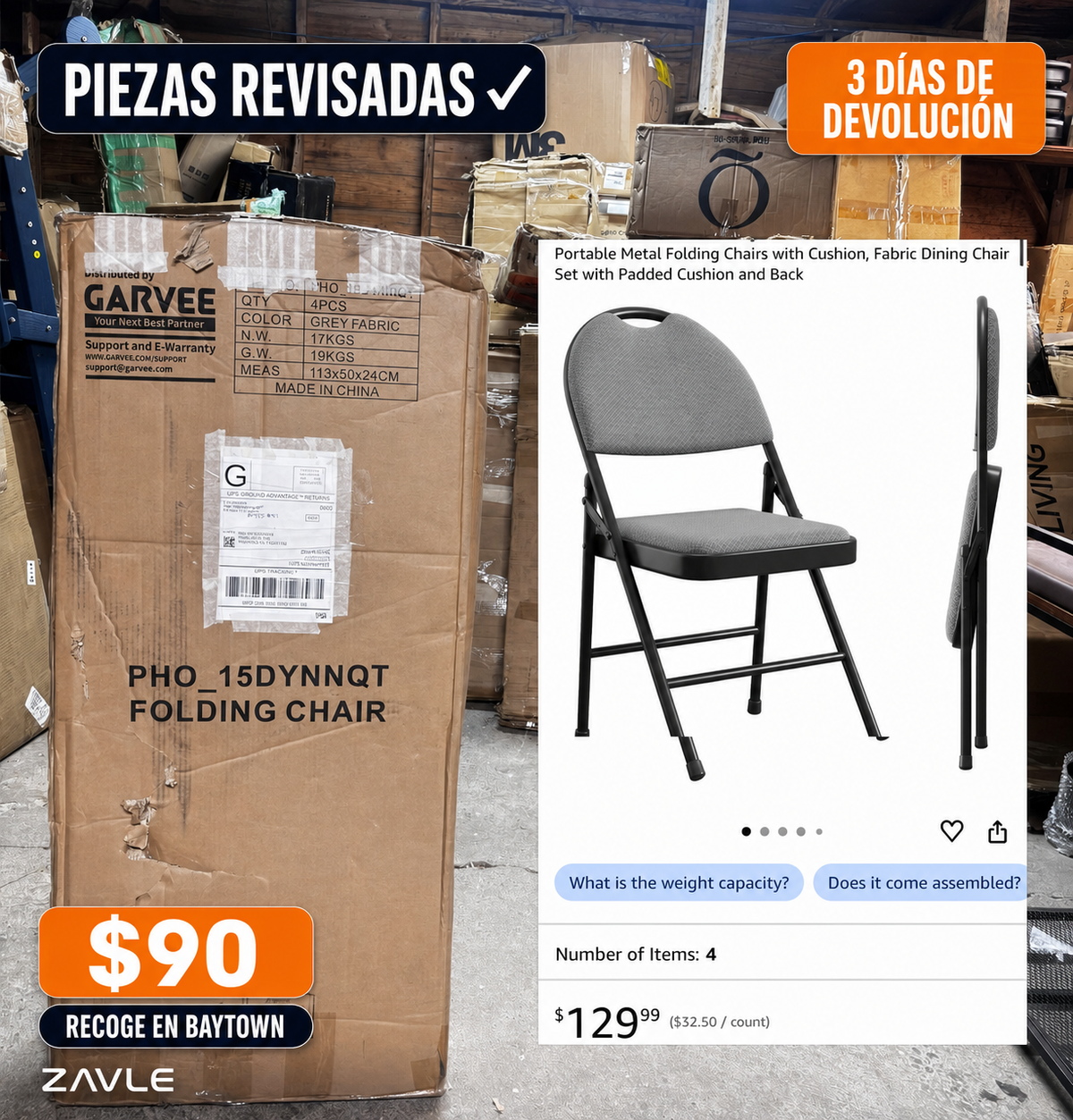 Caja y silla plegable metálica gris con cojín, precio visible