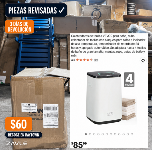 Caja de calentador de toallas VEVOR revisada y producto en pantalla dividida