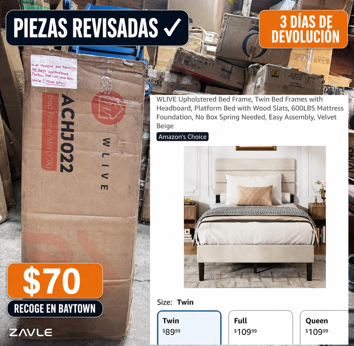 Caja sellada del marco de cama twin WLIVE con etiqueta y precio visible