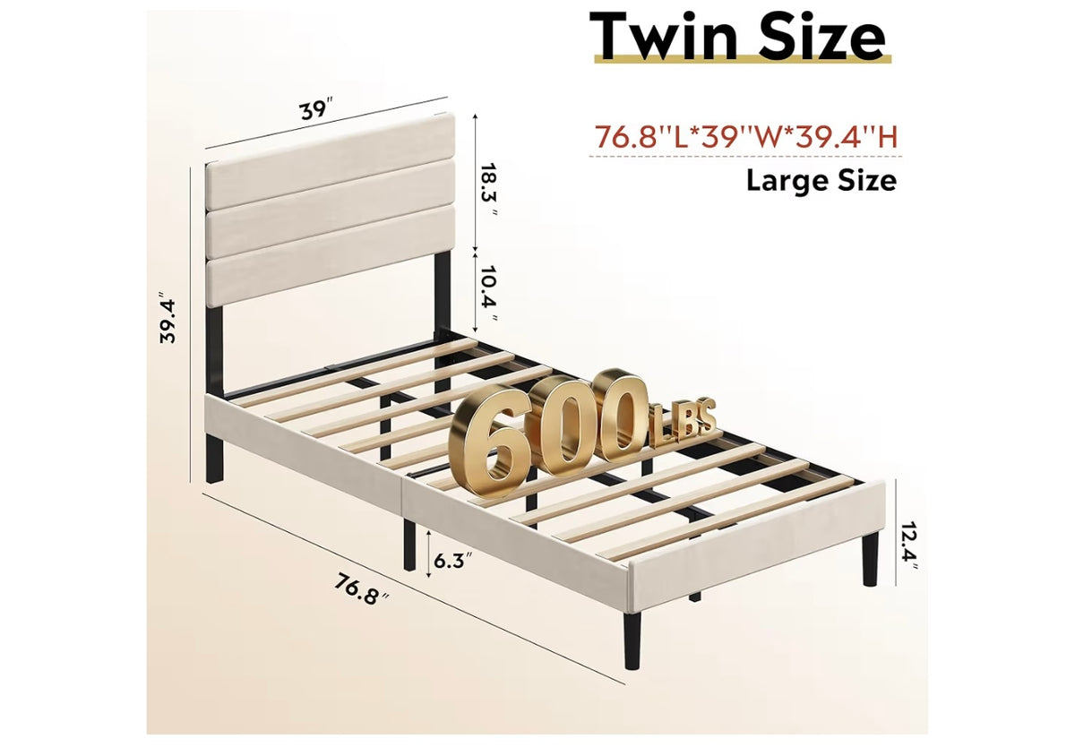 Cama twin beige con cabecera, dimensiones y capacidad de 600 lbs en letras doradas