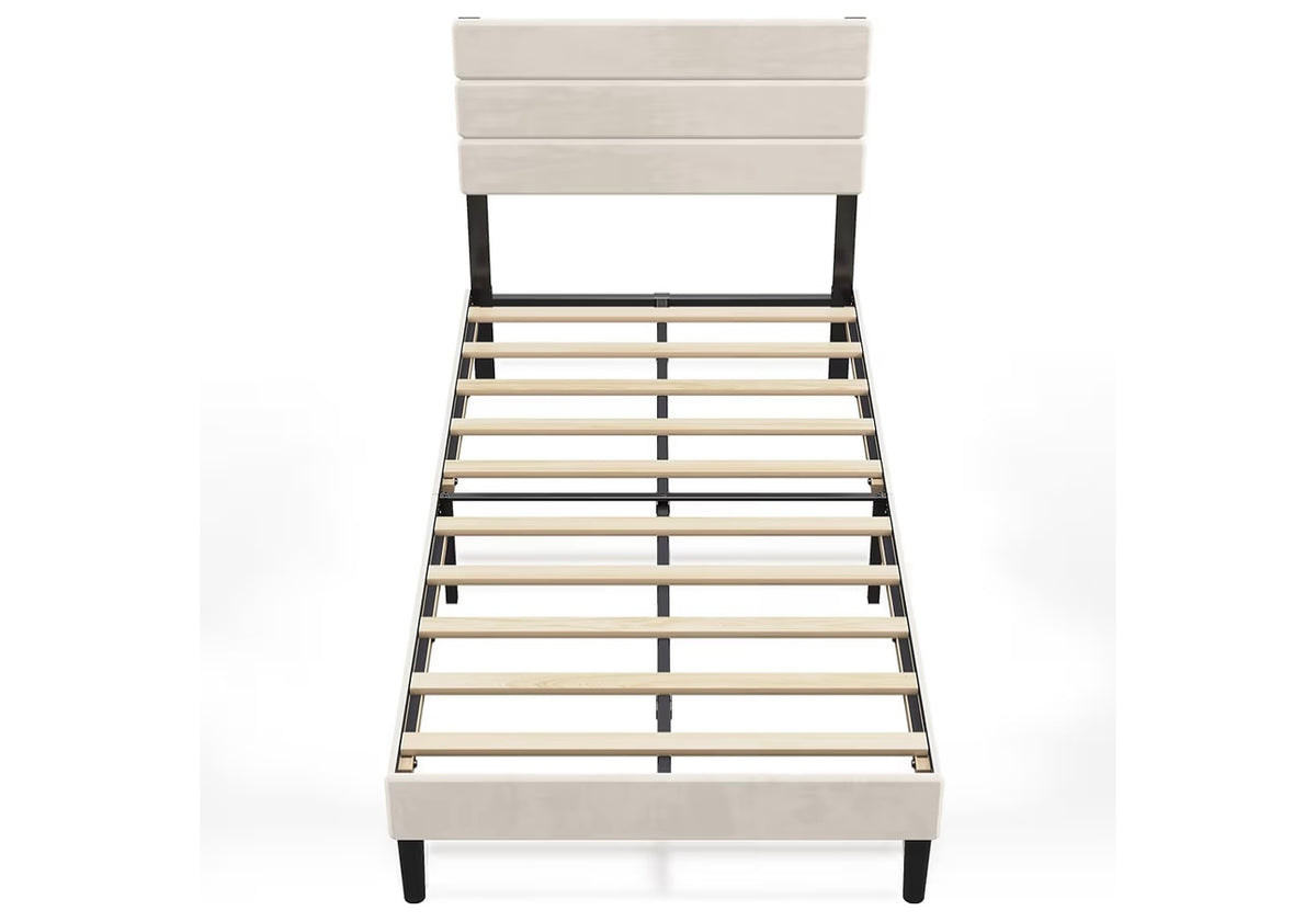 Vista superior de la estructura de cama twin tapizada beige con láminas de madera