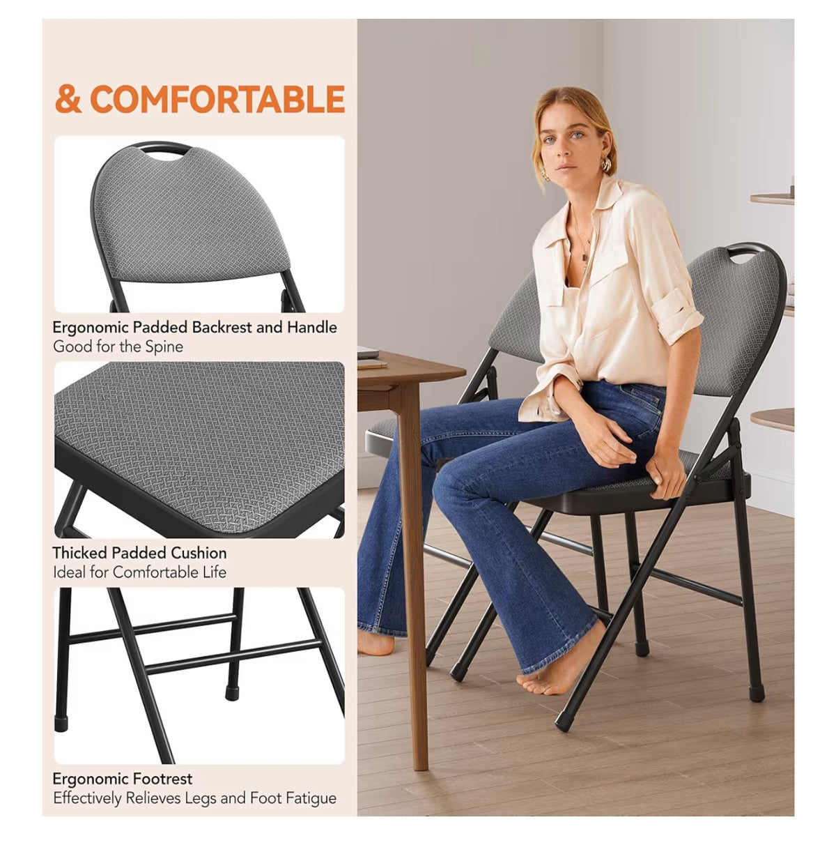 Detalle ergonómico de silla plegable y persona sentada cómodamente