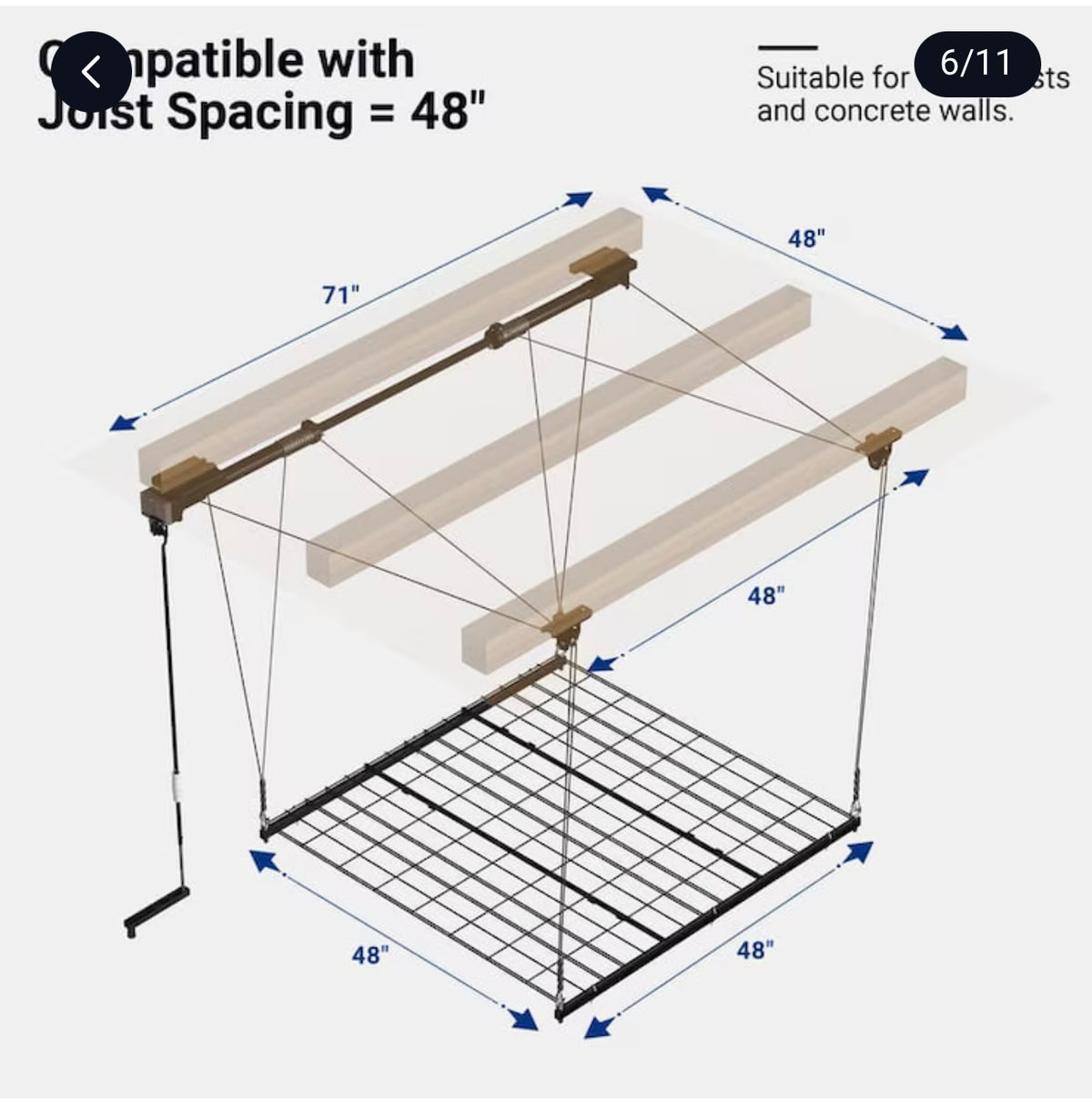 Diagrama de instalación mostrando compatibilidad con vigas de 48 pulgadas