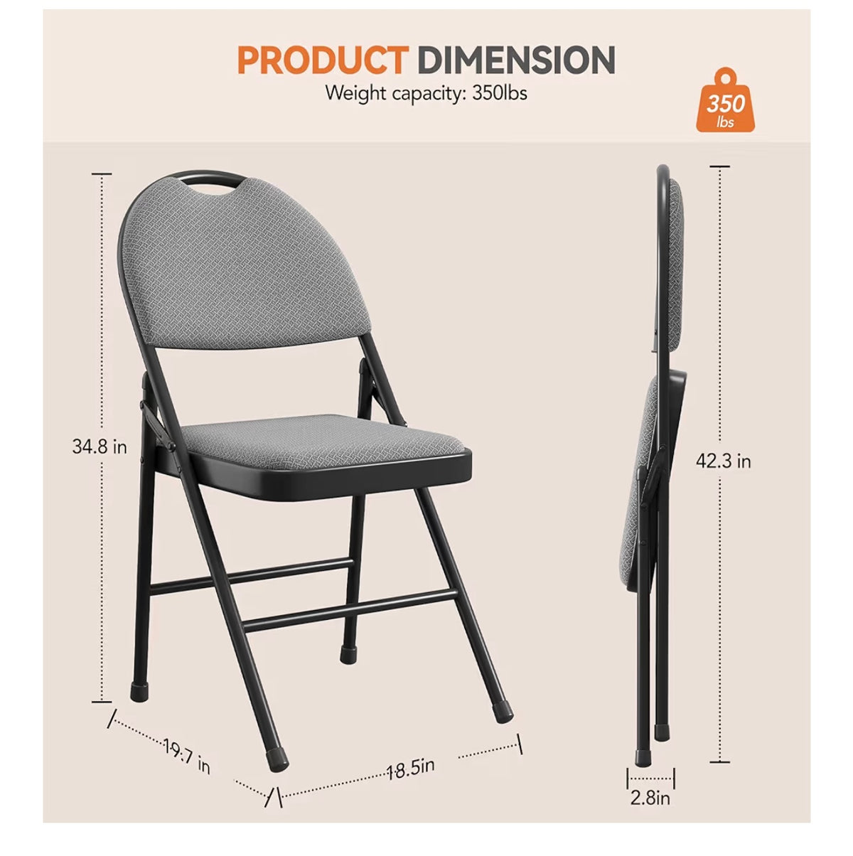 Dimensiones de la silla plegable gris con medidas visibles