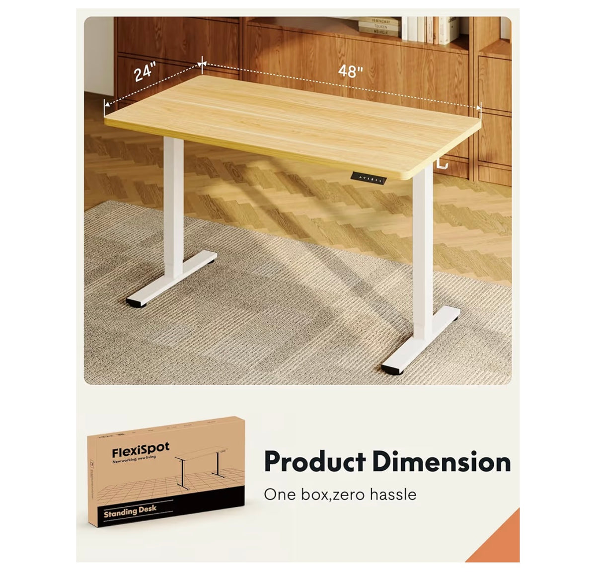 Dimensiones del escritorio Flexispot y empaque original