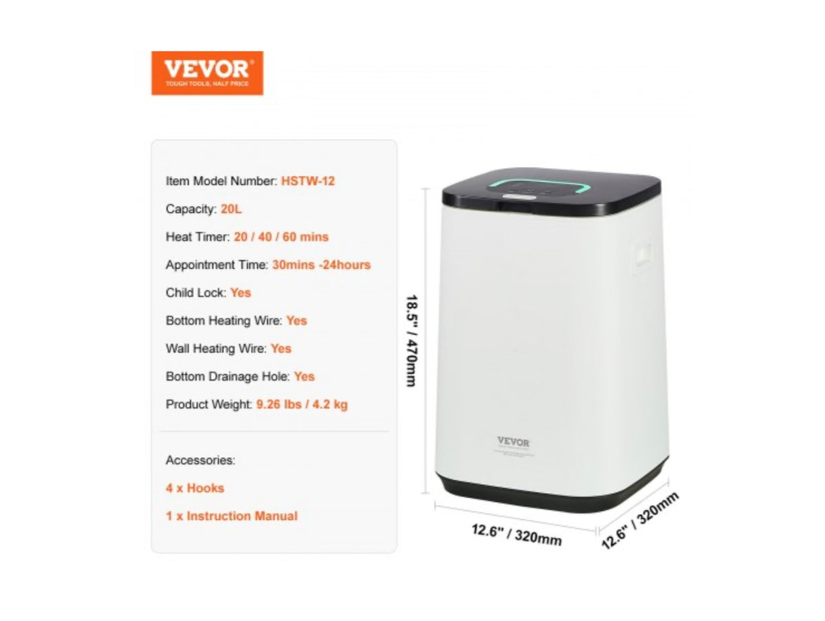 Dimensiones y especificaciones del calentador de toallas VEVOR modelo HSTW-12