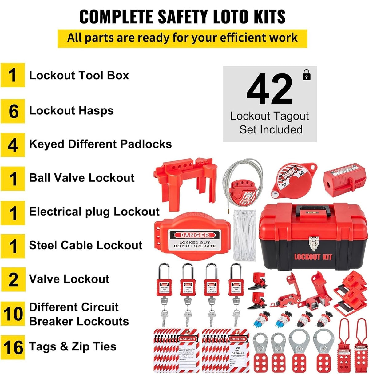 VEVOR 42-piece LOTO kit contents