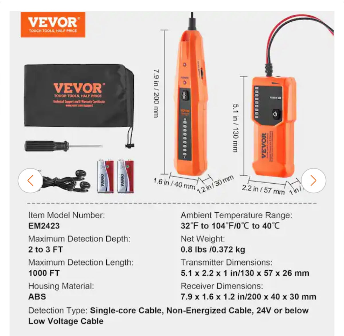 VEVOR EM2423 underground cable locator specifications
