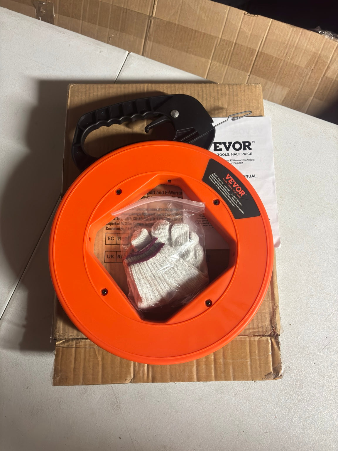 VEVOR 125ft fish tape actual product with gloves and manual