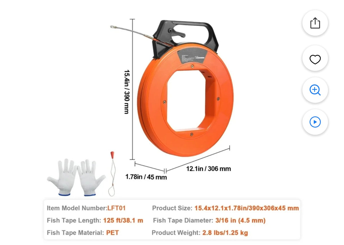 VEVOR LFT01 fish tape dimensions and specifications