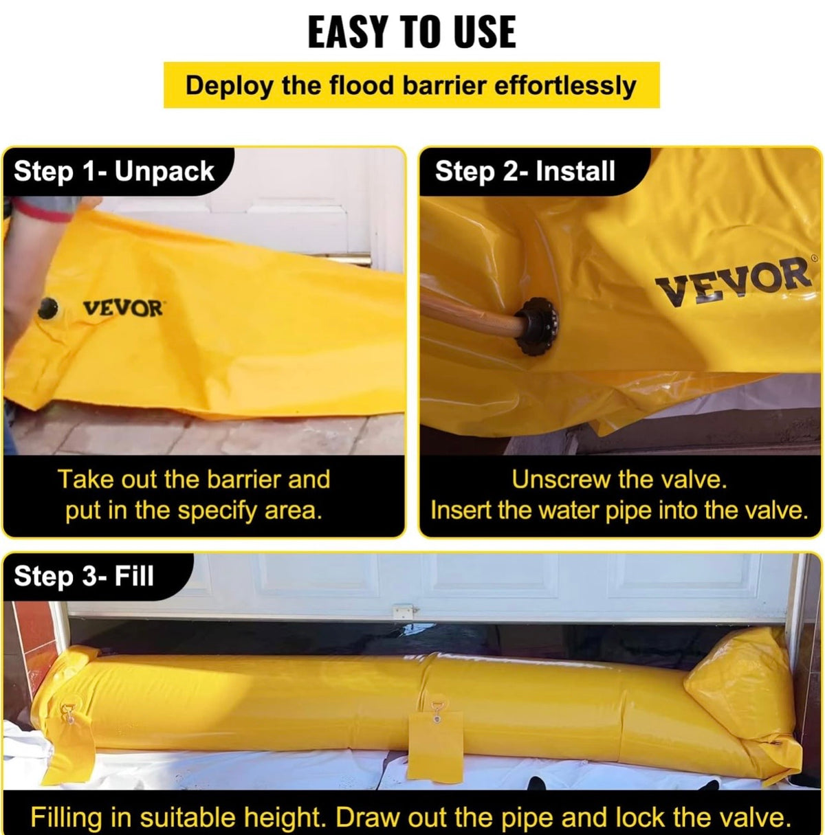 VEVOR flood barrier easy to use instructions