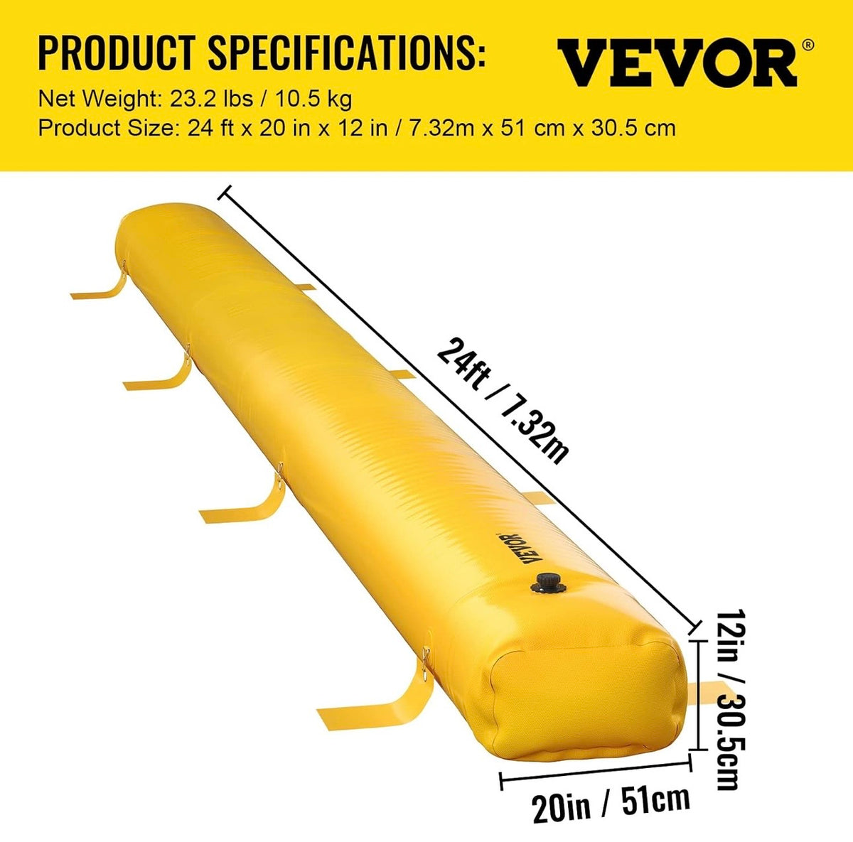 VEVOR flood barrier 24 ft x 20 in x 12 in specifications