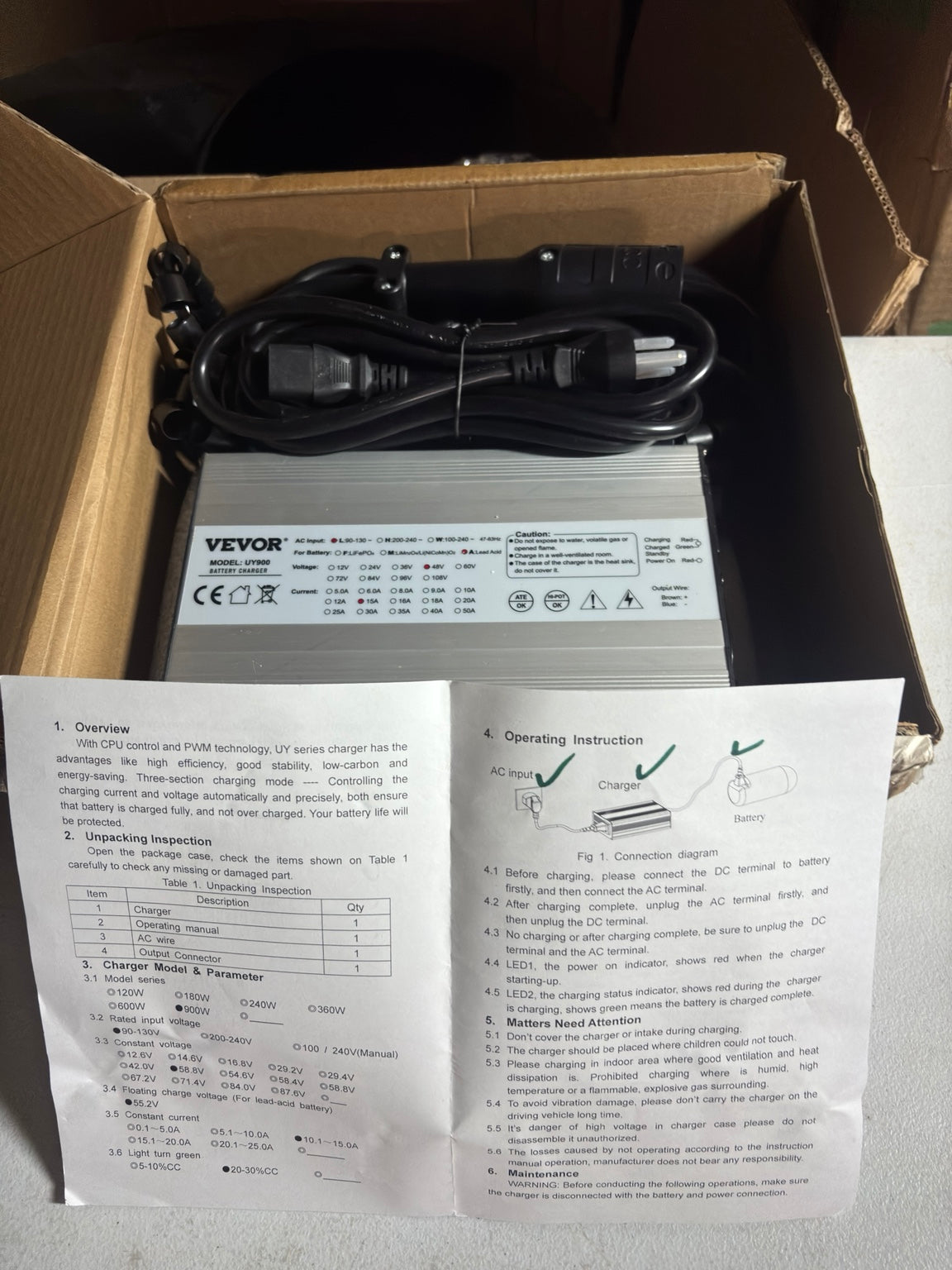 VEVOR 48V golf cart charger actual product and manual