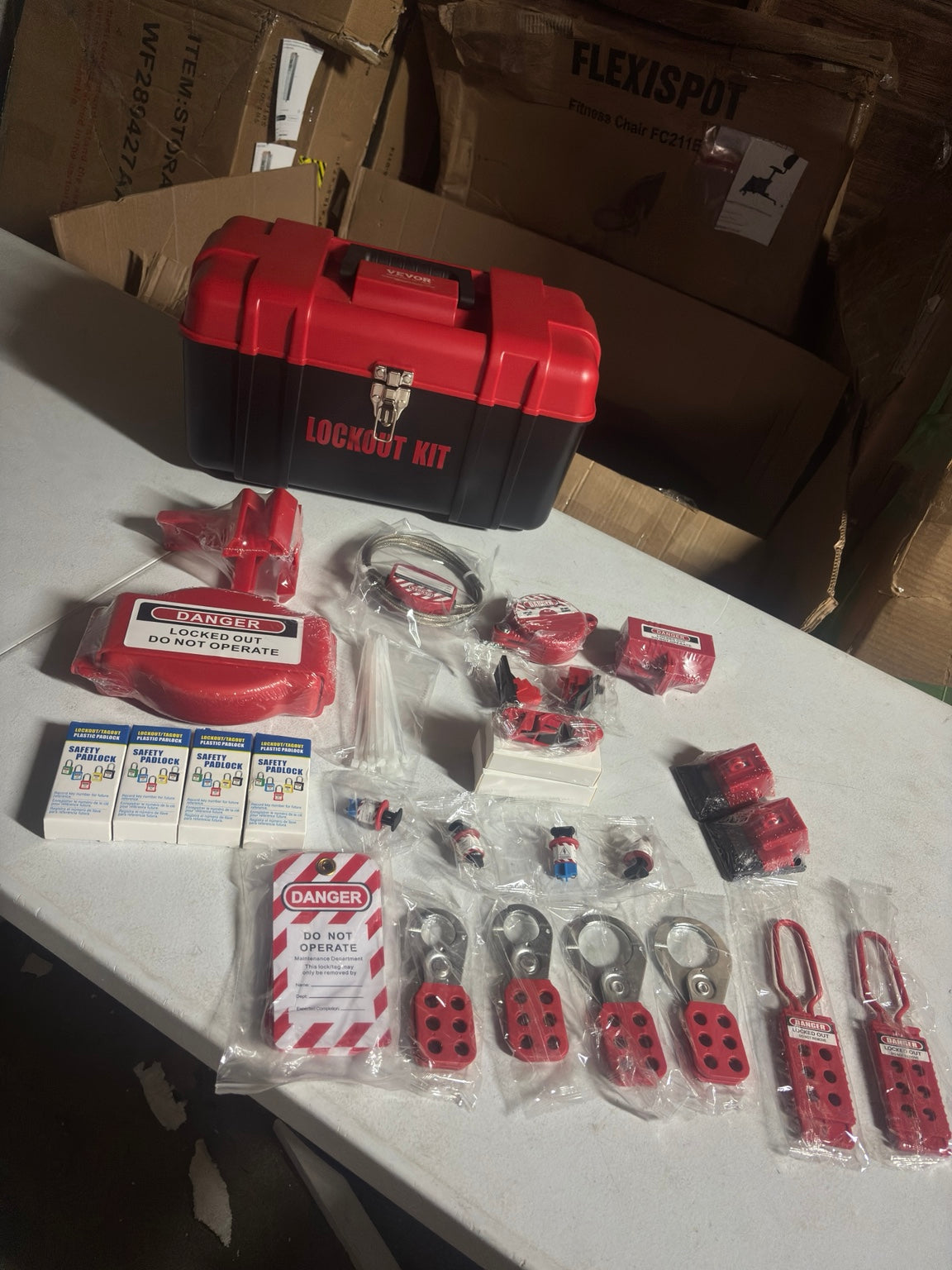 Actual VEVOR 42-piece lockout tagout kit parts inspected