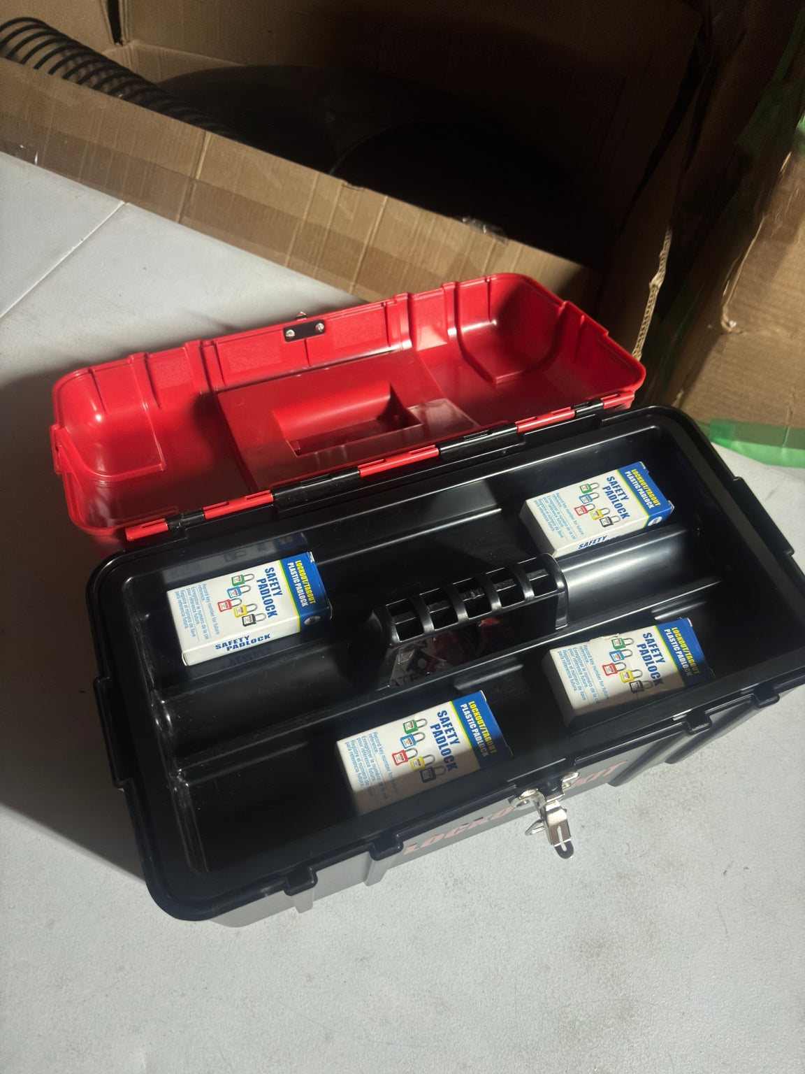 Actual VEVOR lockout tagout toolbox open