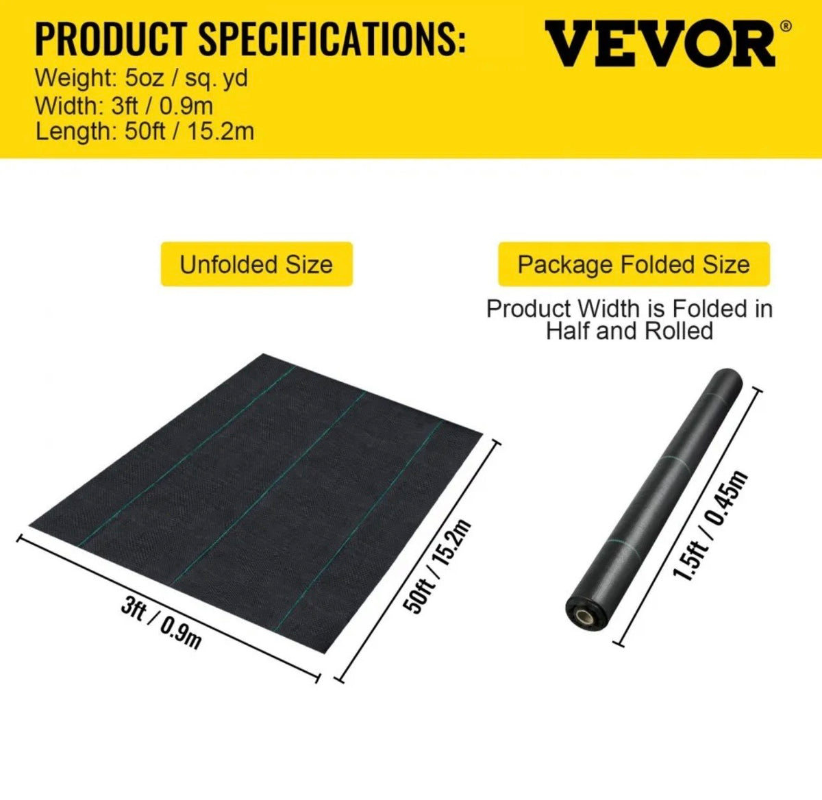 VEVOR weed barrier product specifications 3 ft x 50 ft 5 oz
