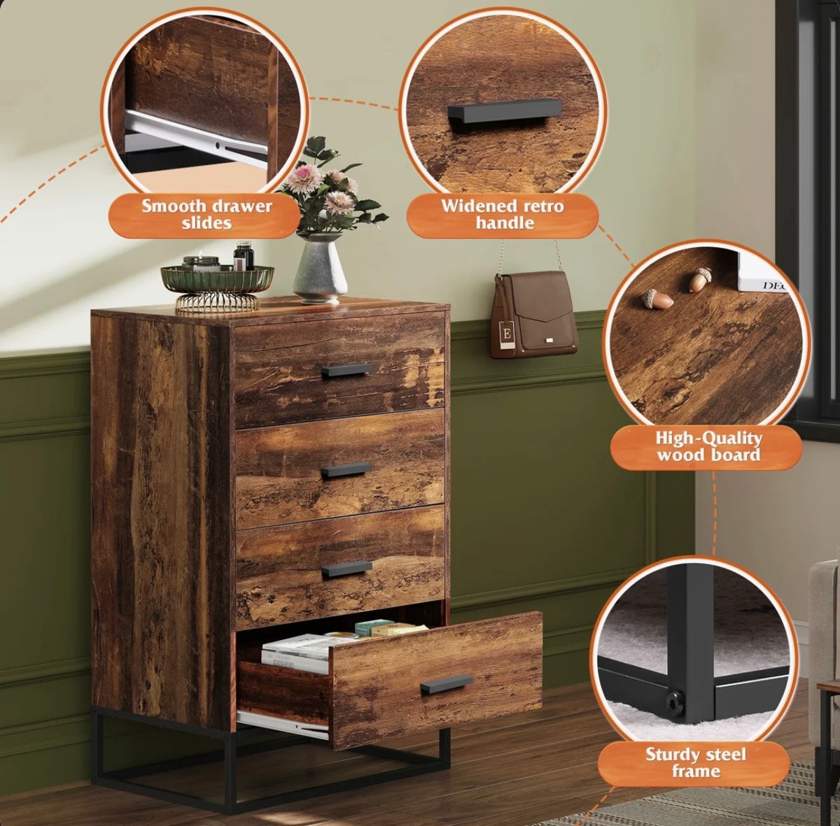 WLIVE 4-drawer dresser features