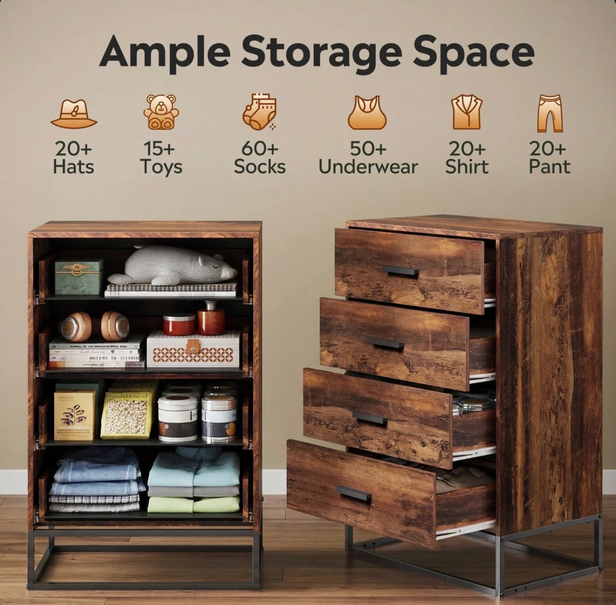 WLIVE 4-drawer dresser storage space