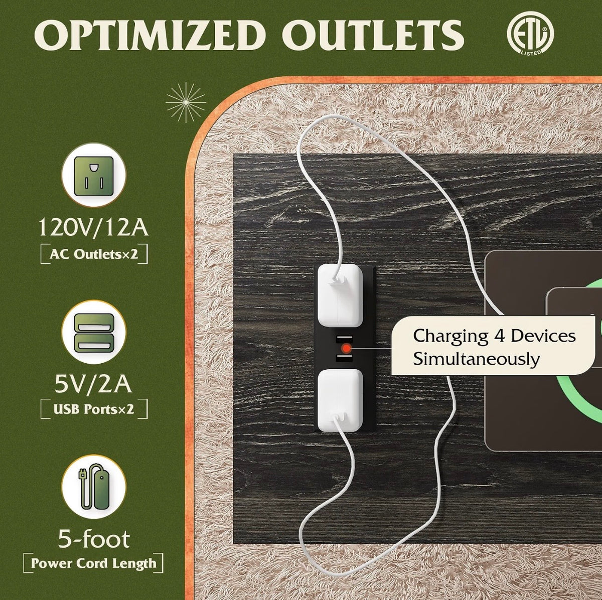 WLIVE end table 2 AC outlets and 2 USB ports