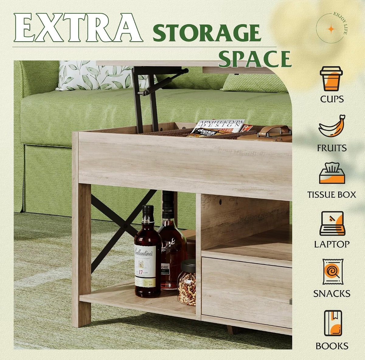WLIVE Lift Top Coffee Table Grey extra storage space
