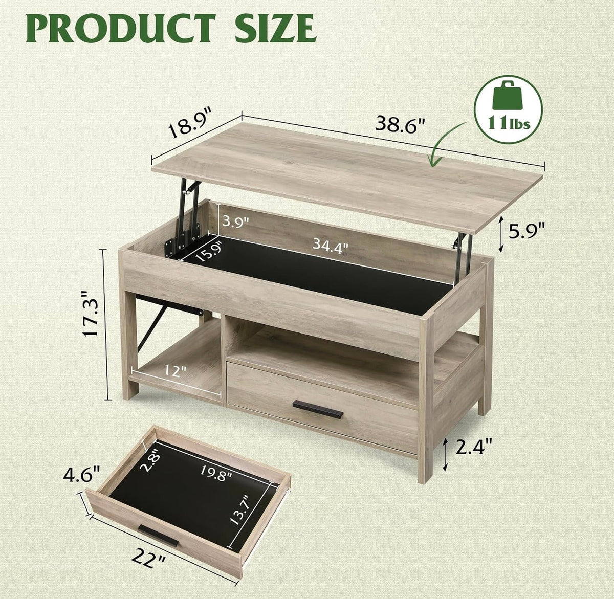 WLIVE Lift Top Coffee Table Grey dimensions