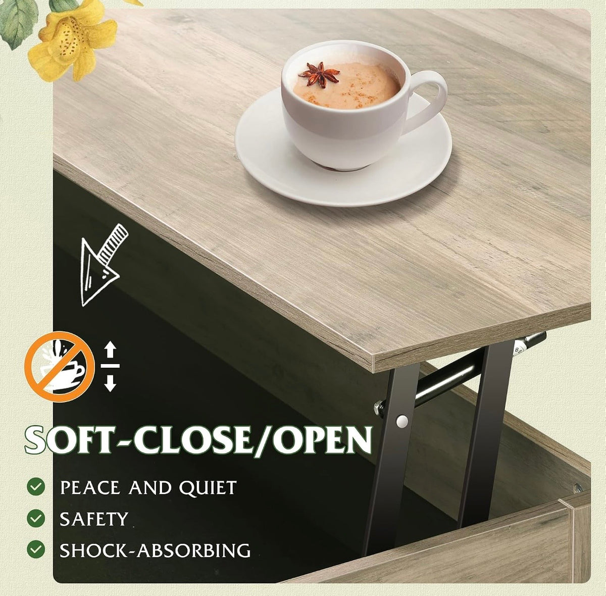 WLIVE Lift Top Coffee Table Grey soft close mechanism