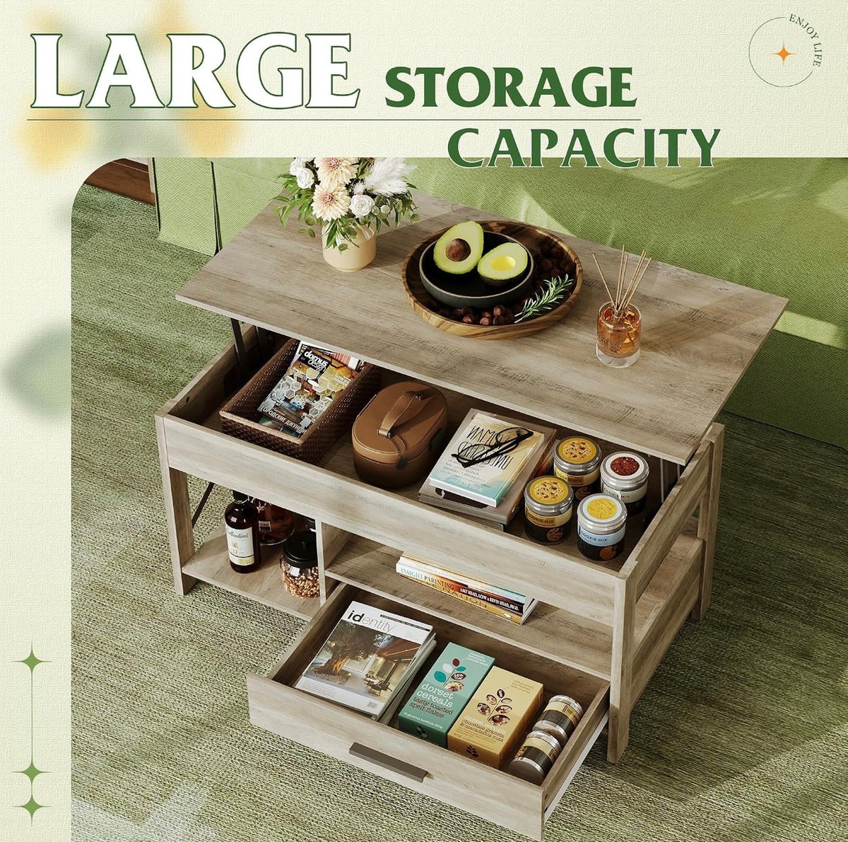 WLIVE Lift Top Coffee Table Grey large storage capacity