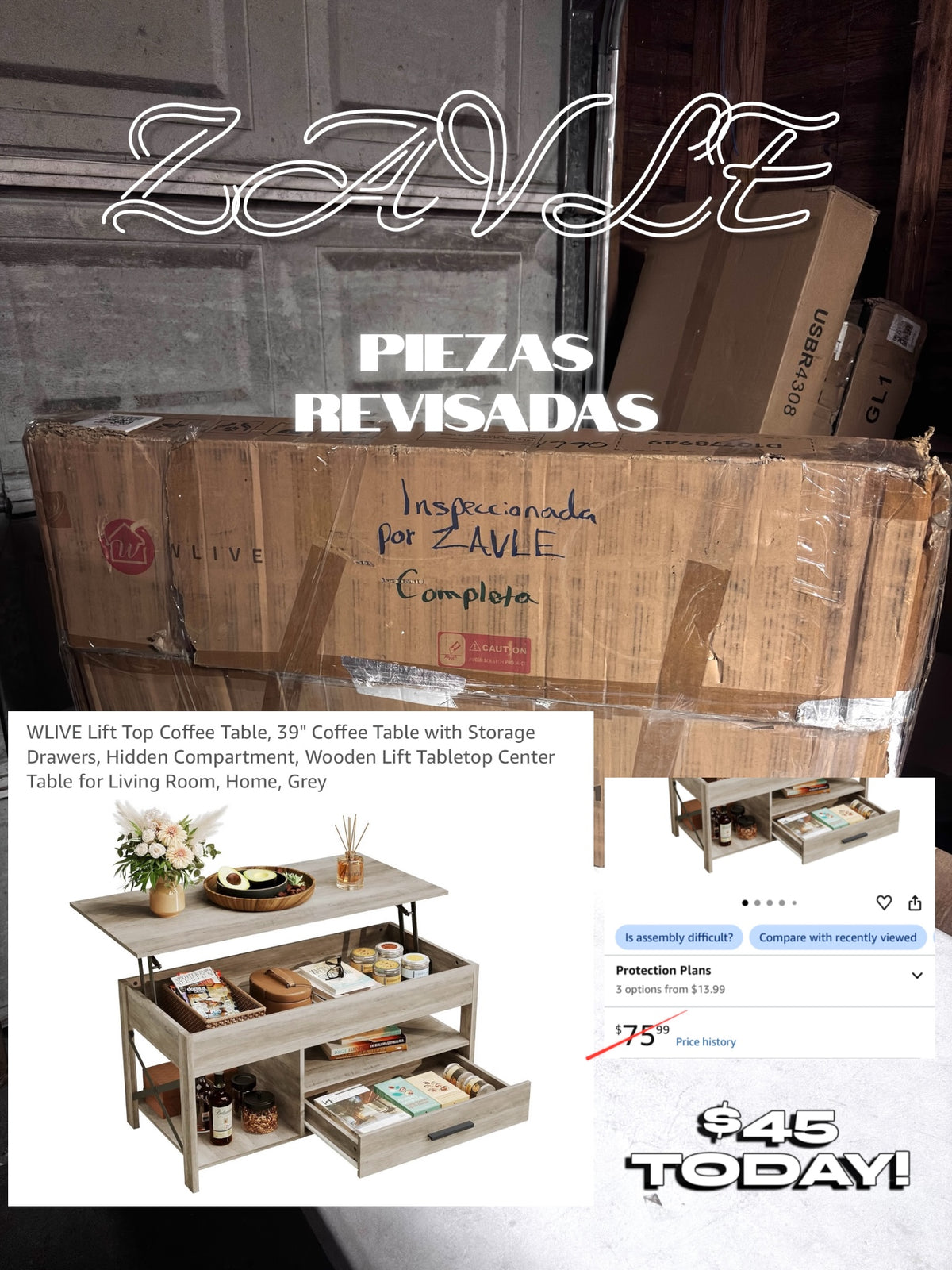 WLIVE Lift Top Coffee Table Grey - ZAVLE $45