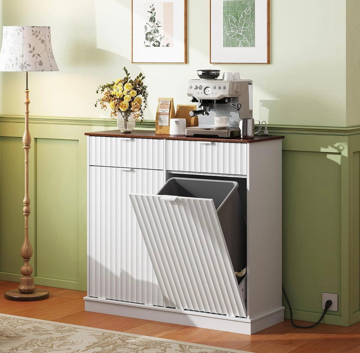 WLIVE white trash bin cabinet with wood top