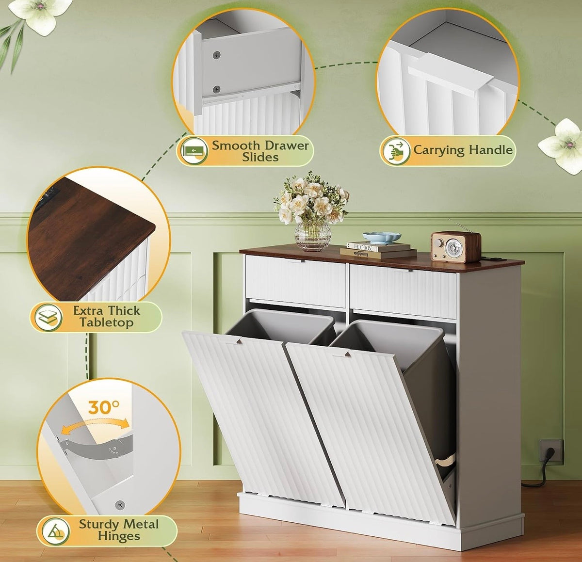 WLIVE trash bin cabinet drawers hinges and tabletop details