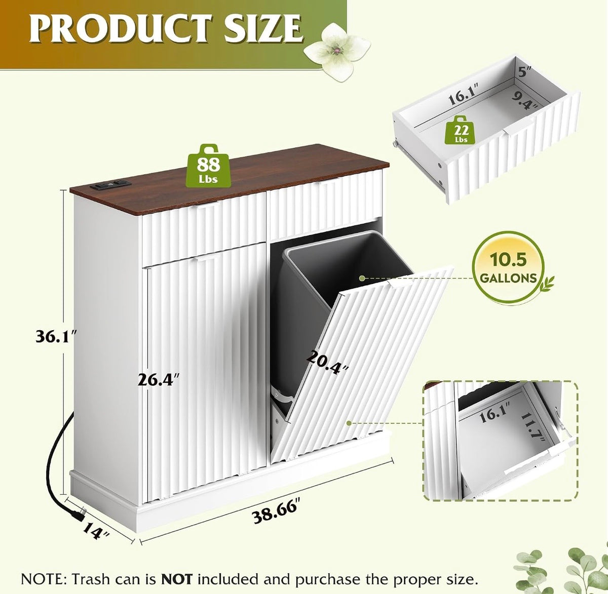 WLIVE trash bin cabinet dimensions and capacity
